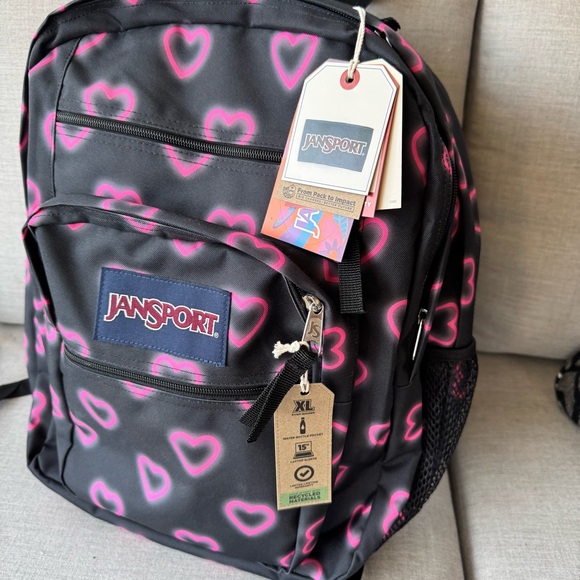 NEW JanSport Big Student 17.5" Backpack - Laptop Sleeve Large Black Pink Hearts - Picture 5 of 12